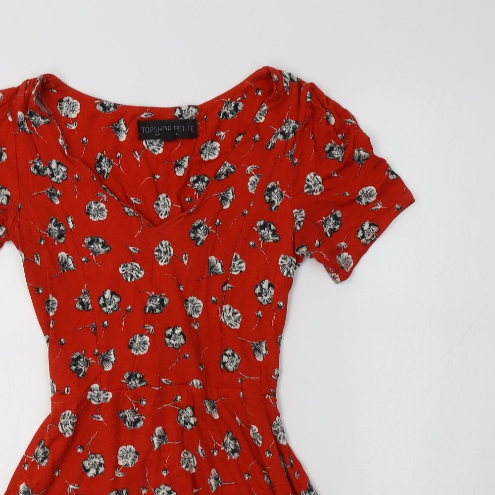 Topshop Womens Red Floral Viscose Fit & Flare  Size 4  V-Neck