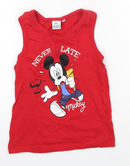 Front view of Disney boys’ red 100% cotton basic tank, size 8, years round neck