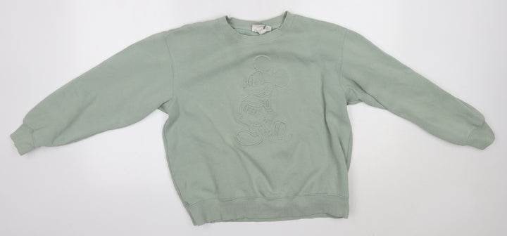 H&M Womens Green Round Neck Cotton Pullover Jumper Size S - Mickey Mouse