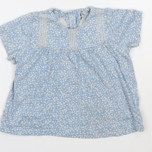 M&S Baby Blue Floral 100% Cotton Basic Blouse Size 18-24 Months Round Neck
