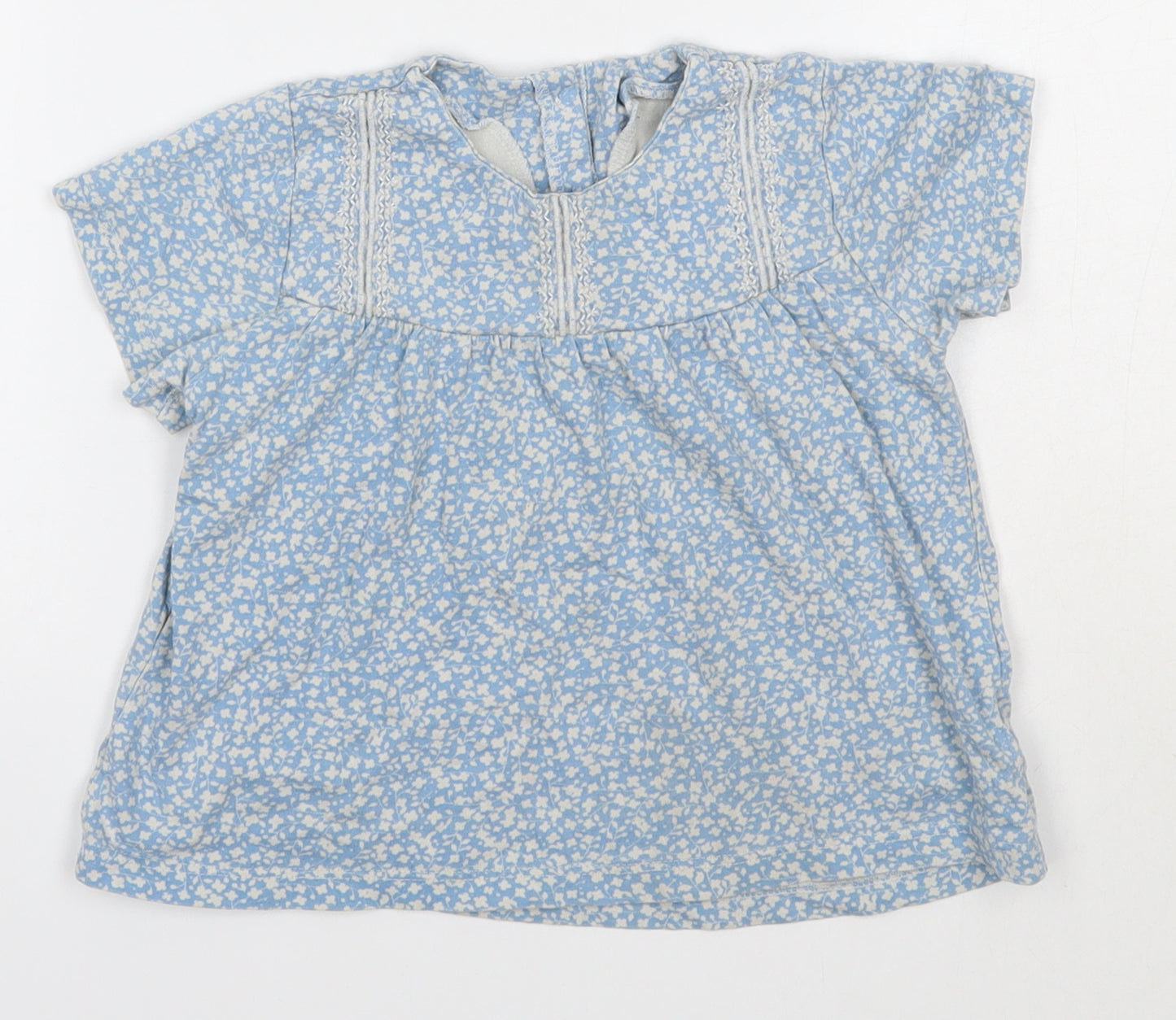 M&S Baby Blue Floral 100% Cotton Basic Blouse Size 18-24 Months Round Neck