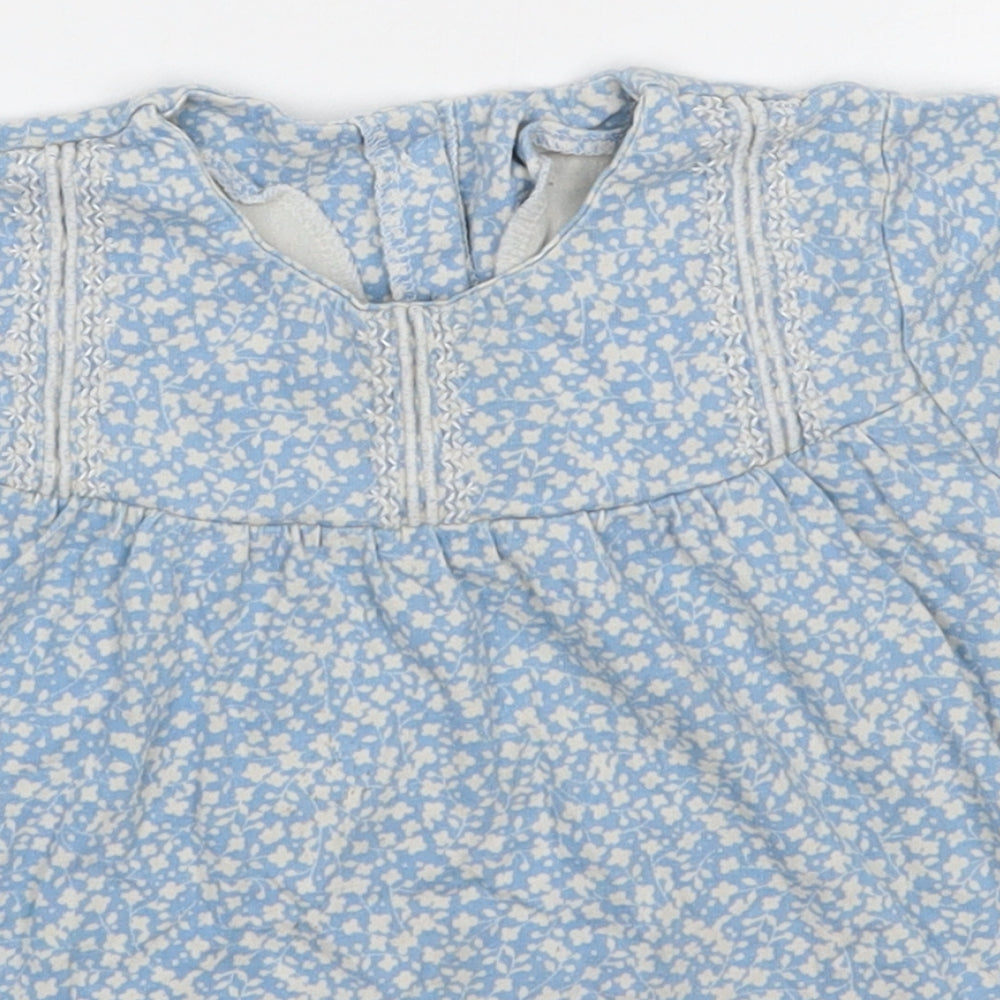 M&S Baby Blue Floral 100% Cotton Basic Blouse Size 18-24 Months Round Neck