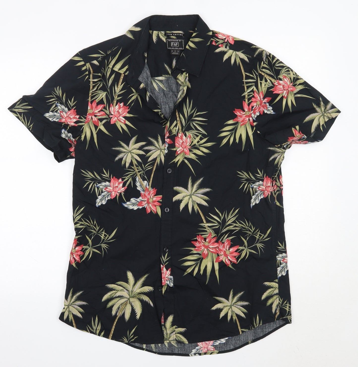 F&F Mens Black Floral Cotton  Button-Up Size M Collared