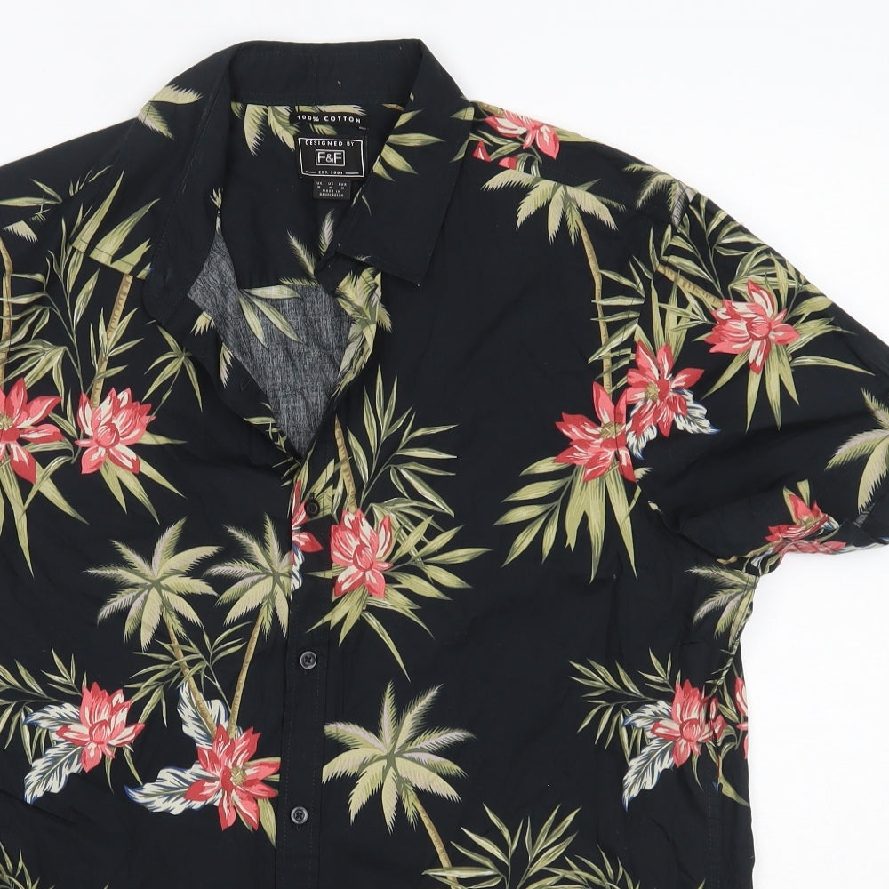 F&F Mens Black Floral Cotton  Button-Up Size M Collared