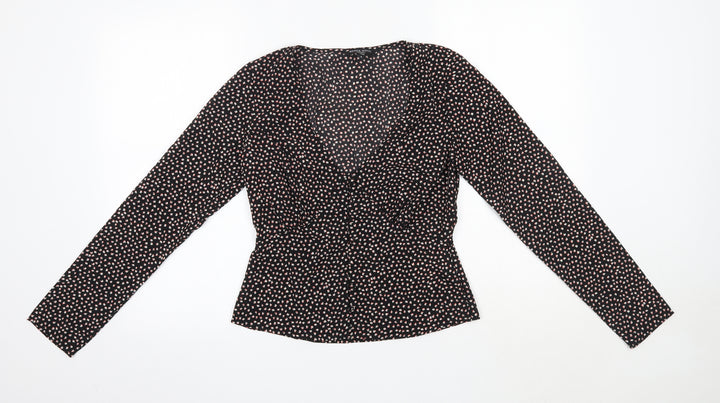 Brave Soul Womens Black Floral Polyester Basic Blouse Size S V-Neck