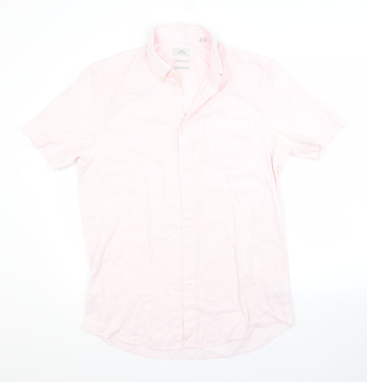 Front view of Next men’s pink polyester button-up, size 15.5 collared