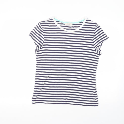 Oasis Womens White Striped Viscose Basic T-Shirt Size L Round Neck