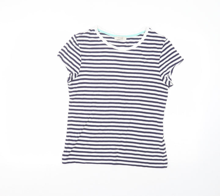 Oasis Womens White Striped Viscose Basic T-Shirt Size L Round Neck