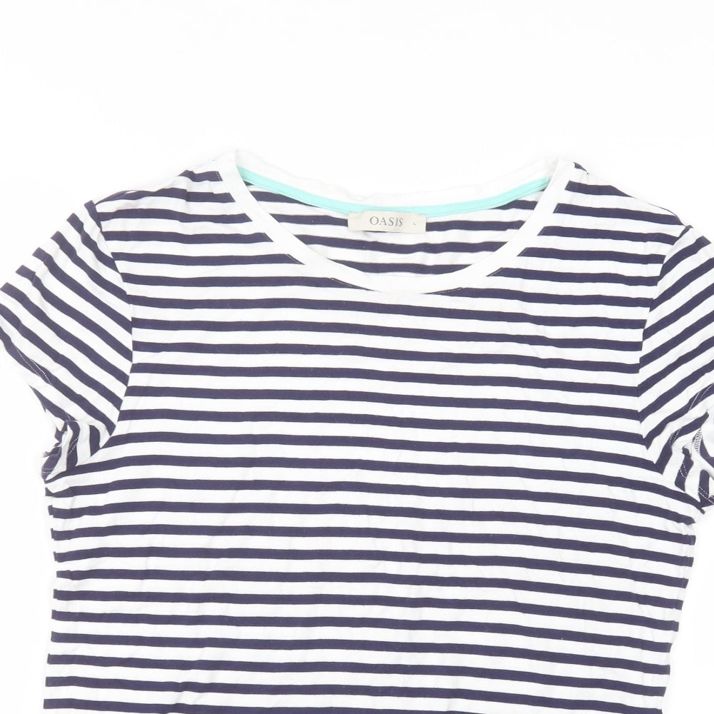 Oasis Womens White Striped Viscose Basic T-Shirt Size L Round Neck