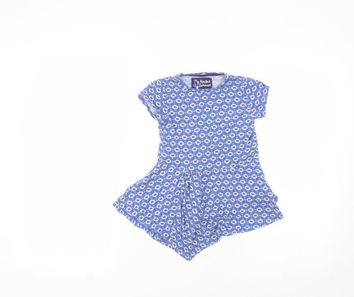 TU Girls Blue Floral Viscose A-Line  Size 3-4 Years  Round Neck