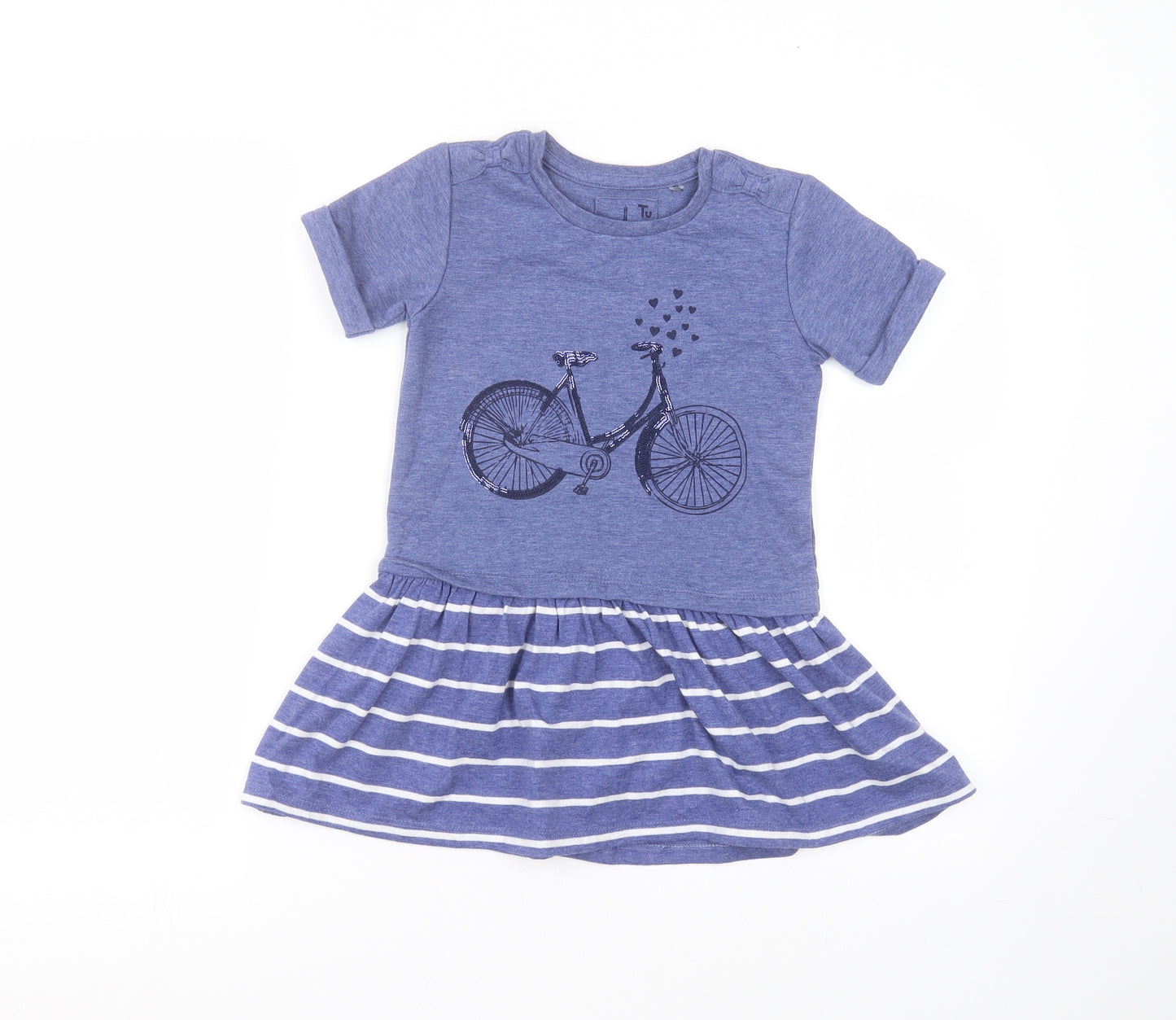 TU Girls Blue Striped Cotton A-Line  Size 7 Years  Round Neck