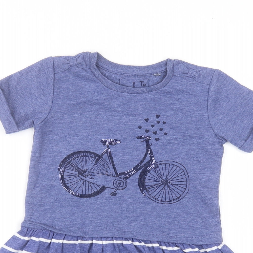 TU Girls Blue Striped Cotton A-Line  Size 7 Years  Round Neck