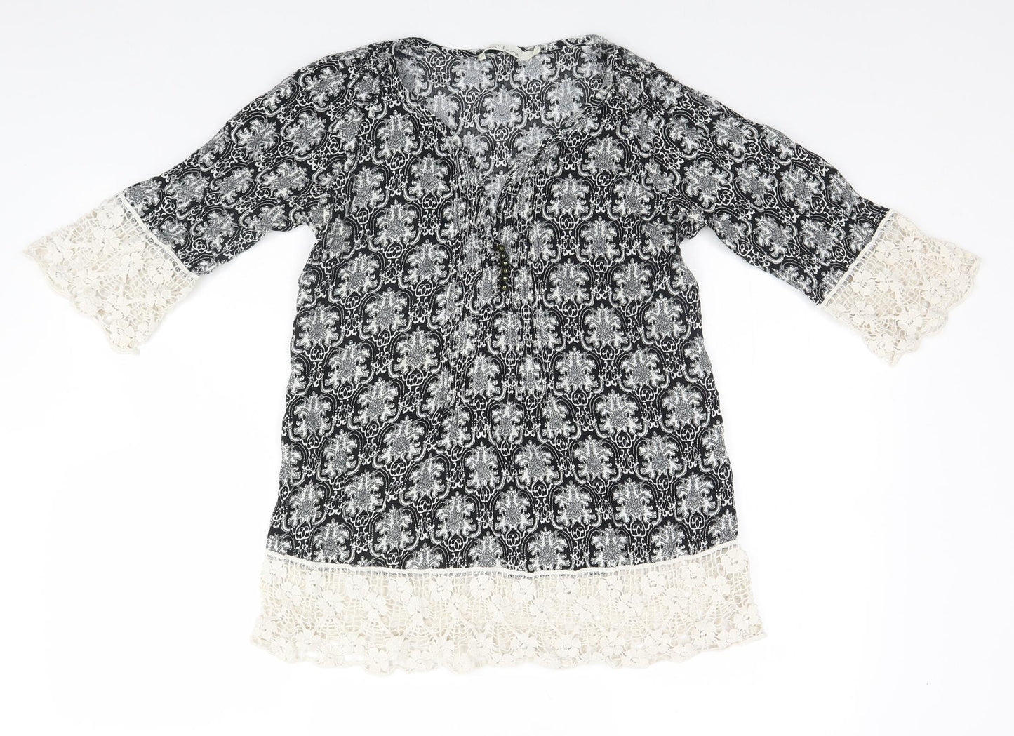 Preworn Womens Black Fair Isle Cotton Basic T-Shirt Size M Round Neck