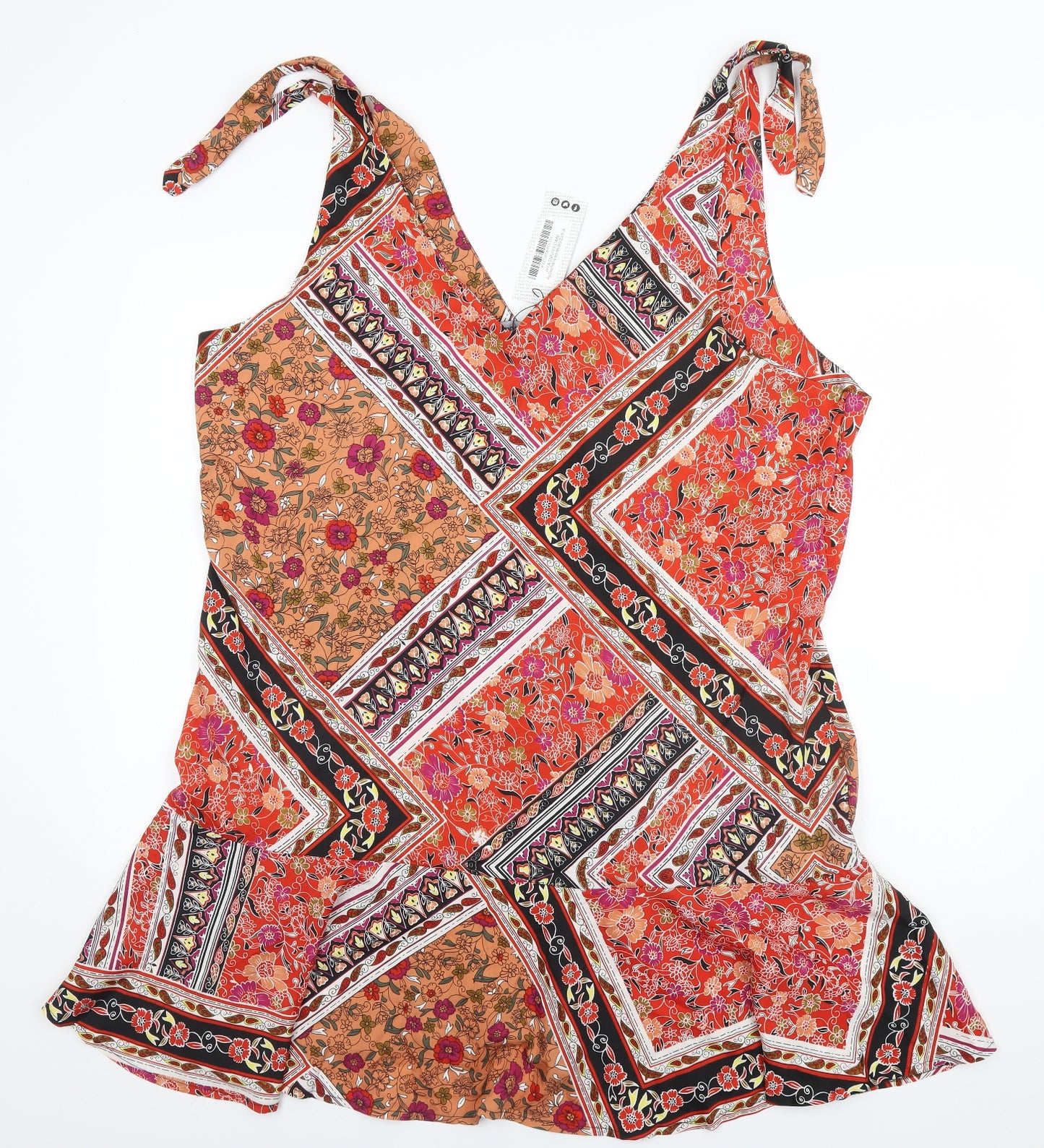 Boohoo Womens Orange Floral Polyester A-Line  Size 24  V-Neck