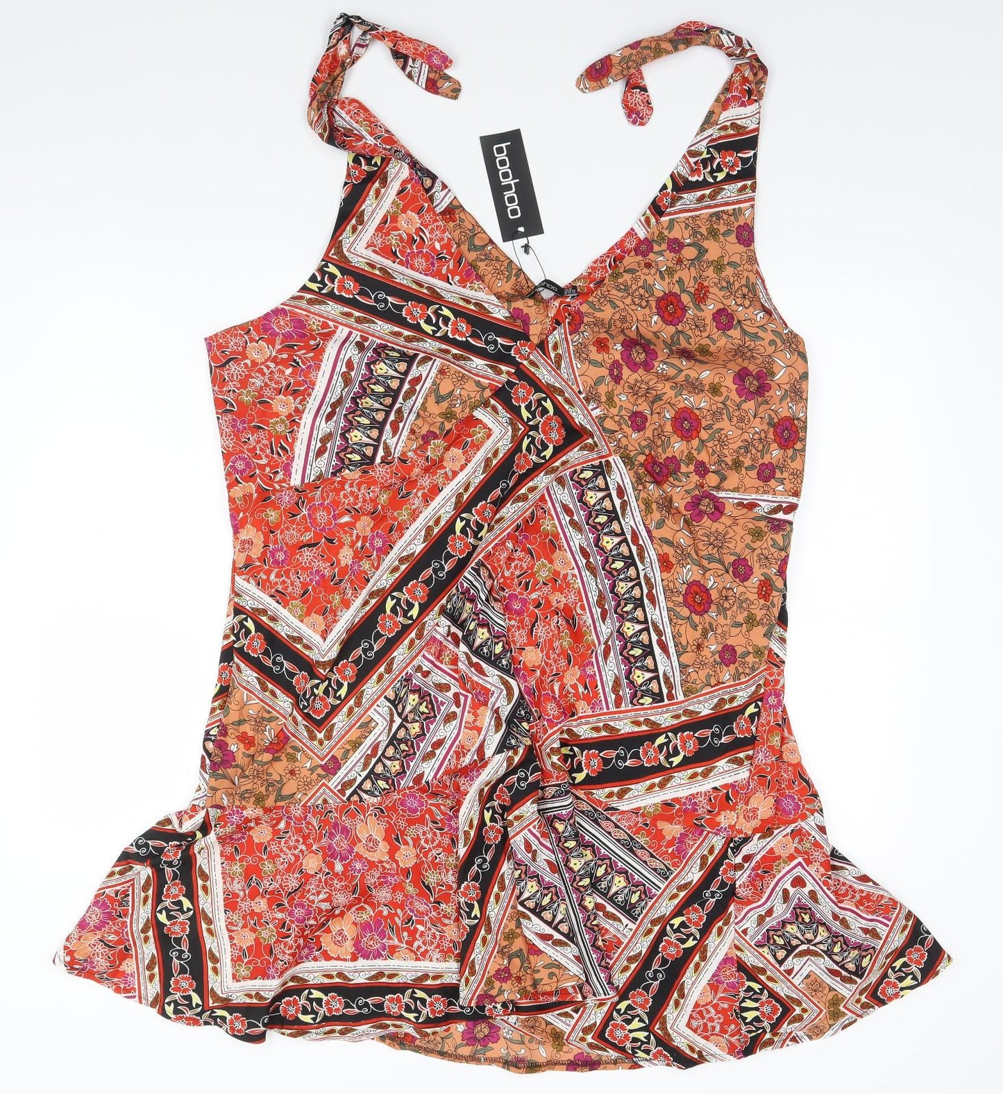 Boohoo Womens Orange Floral Polyester A-Line  Size 24  V-Neck
