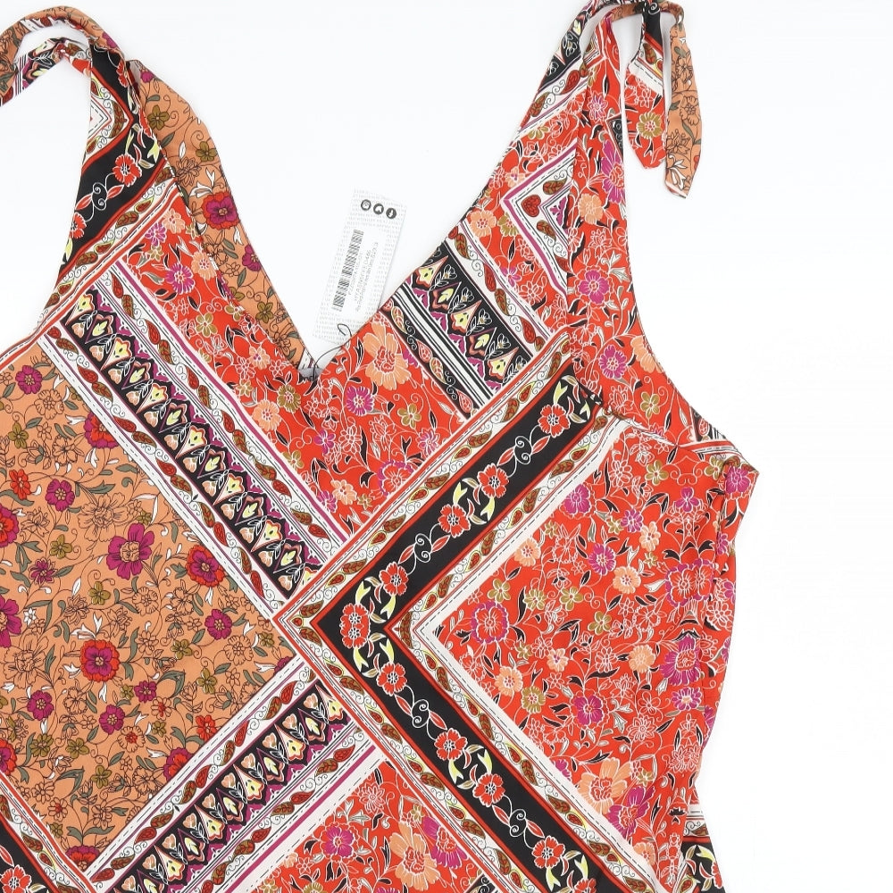 Boohoo Womens Orange Floral Polyester A-Line  Size 24  V-Neck
