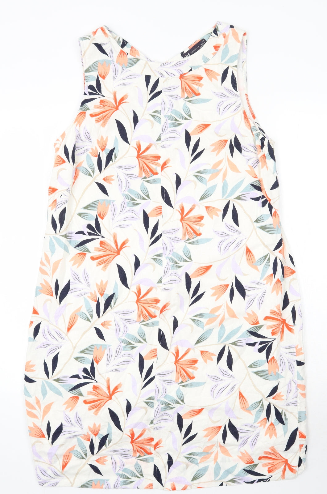 Marks and Spencer Womens Beige Floral Cotton Tank Dress  Size 14  V-Neck Pullover