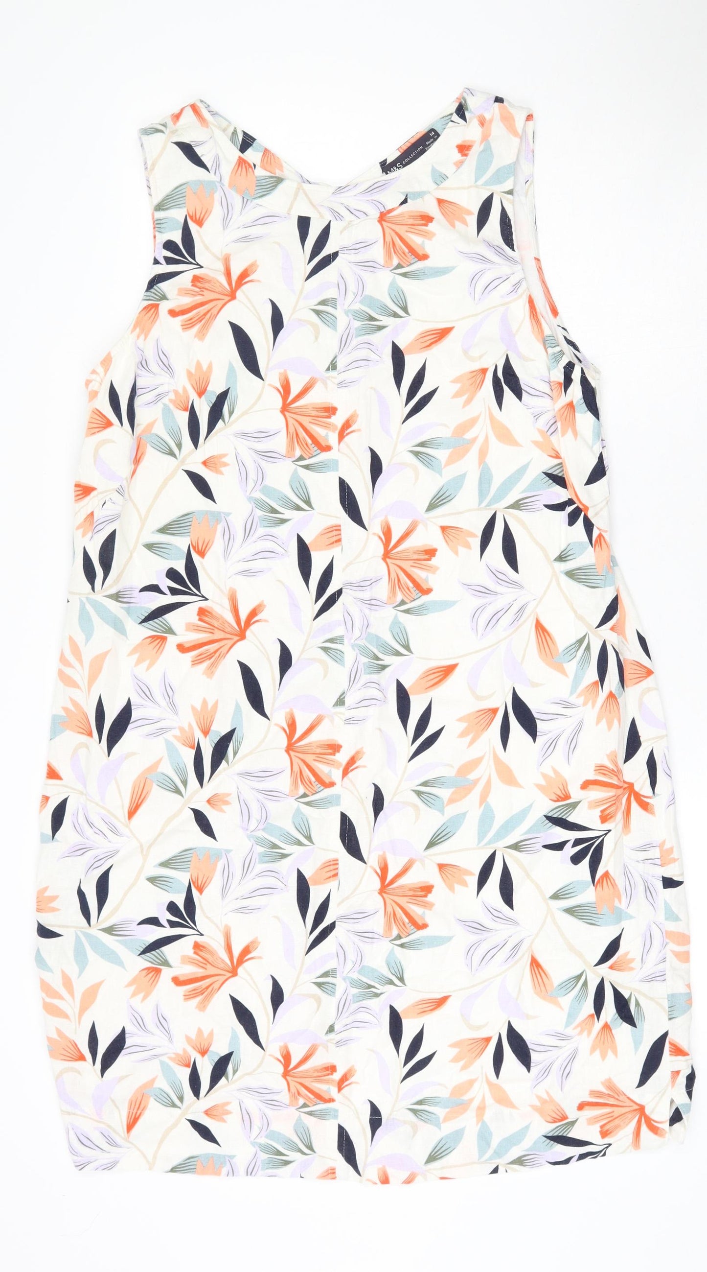Marks and Spencer Womens Beige Floral Cotton Tank Dress  Size 14  V-Neck Pullover