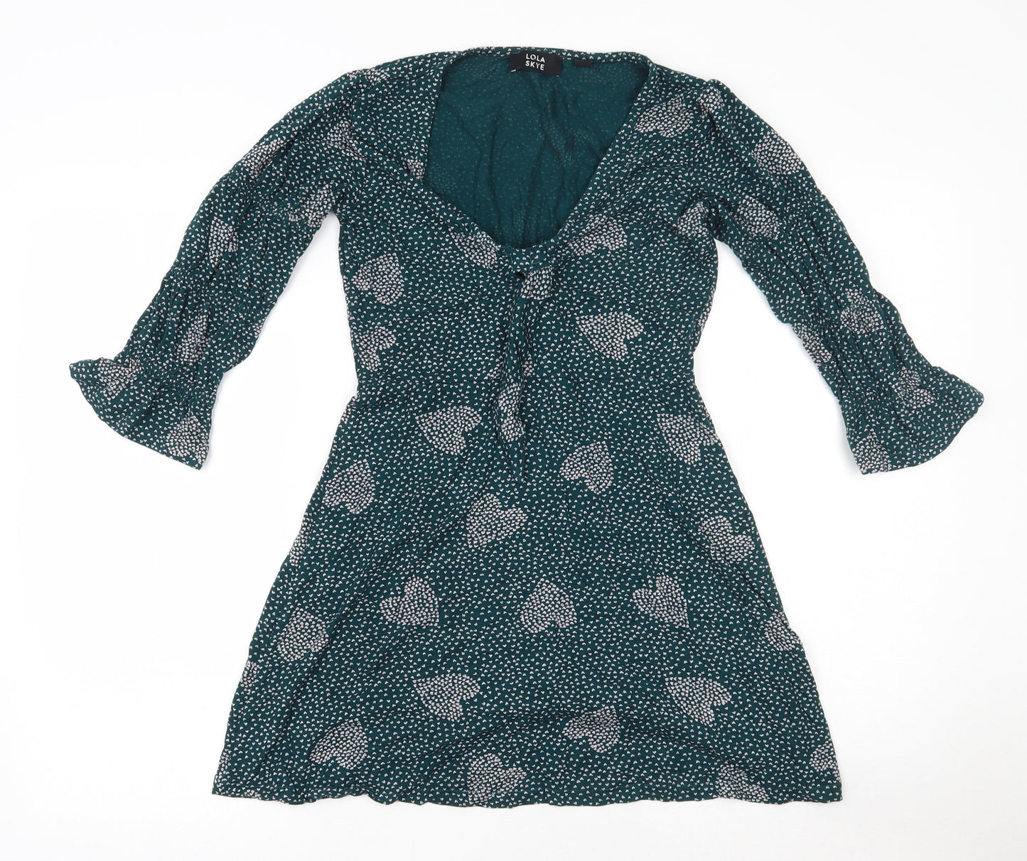 Lola Skye Womens Green  Viscose Fit & Flare  Size 8  V-Neck Pullover - Hearts