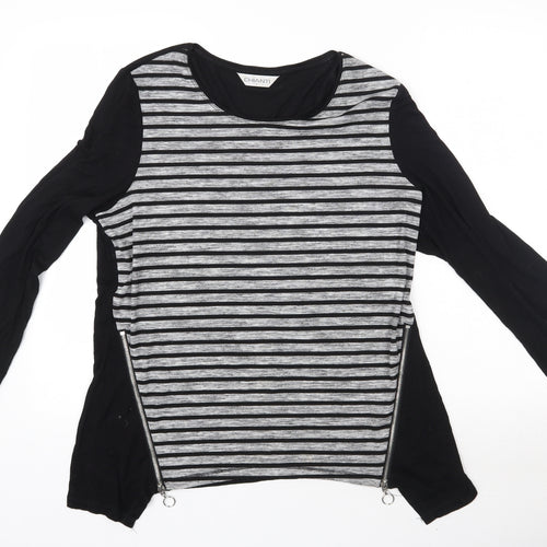 CHIANTI Womens Black Striped  Basic T-Shirt Size 16 Round Neck - Zip Detail