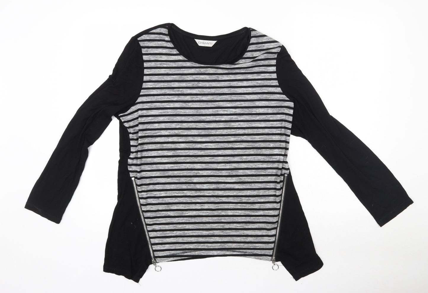 CHIANTI Womens Black Striped  Basic T-Shirt Size 16 Round Neck - Zip Detail