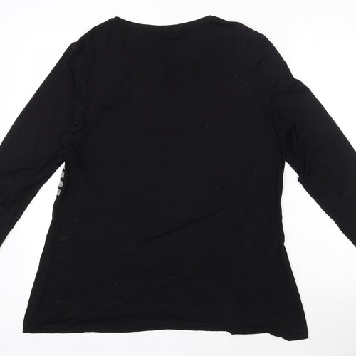CHIANTI Womens Black Striped  Basic T-Shirt Size 16 Round Neck - Zip Detail