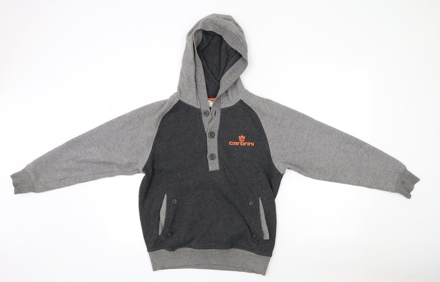 Carbrini Boys Grey  Polyester Pullover Hoodie Size 12-13 Years  Button - Orange Detail