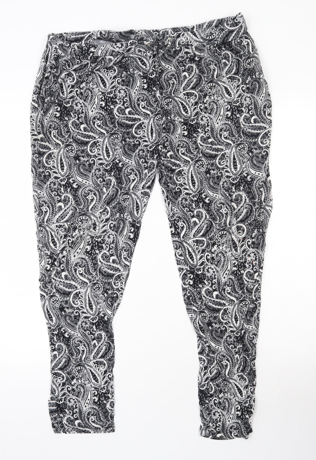 Peacocks Womens Black Paisley Viscose Trousers  Size 16 L25 in Relaxed Drawstring