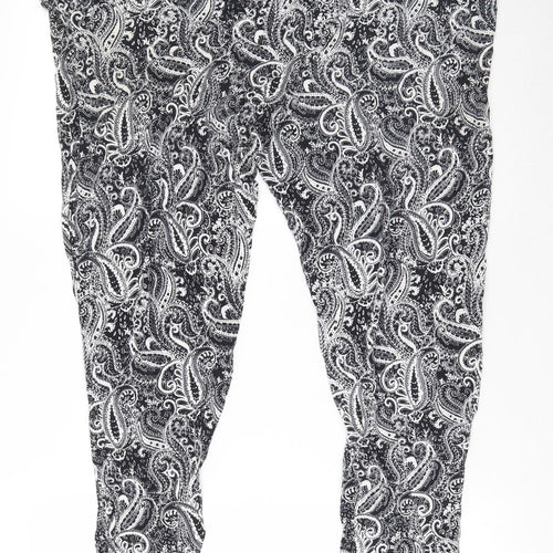 Peacocks Womens Black Paisley Viscose Trousers  Size 16 L25 in Relaxed Drawstring
