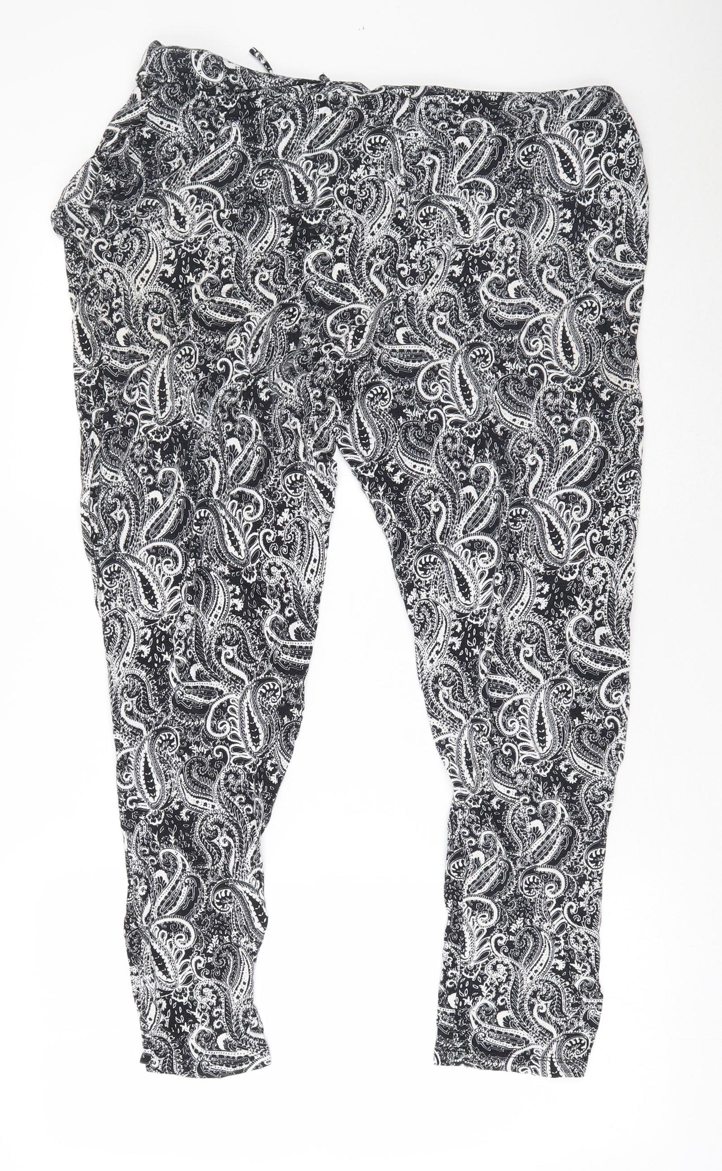 Peacocks Womens Black Paisley Viscose Trousers  Size 16 L25 in Relaxed Drawstring