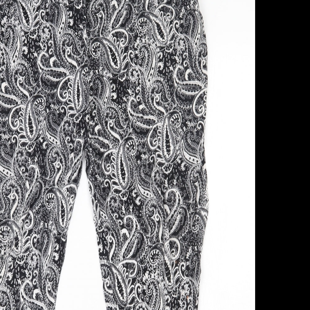Peacocks Womens Black Paisley Viscose Trousers  Size 16 L25 in Relaxed Drawstring