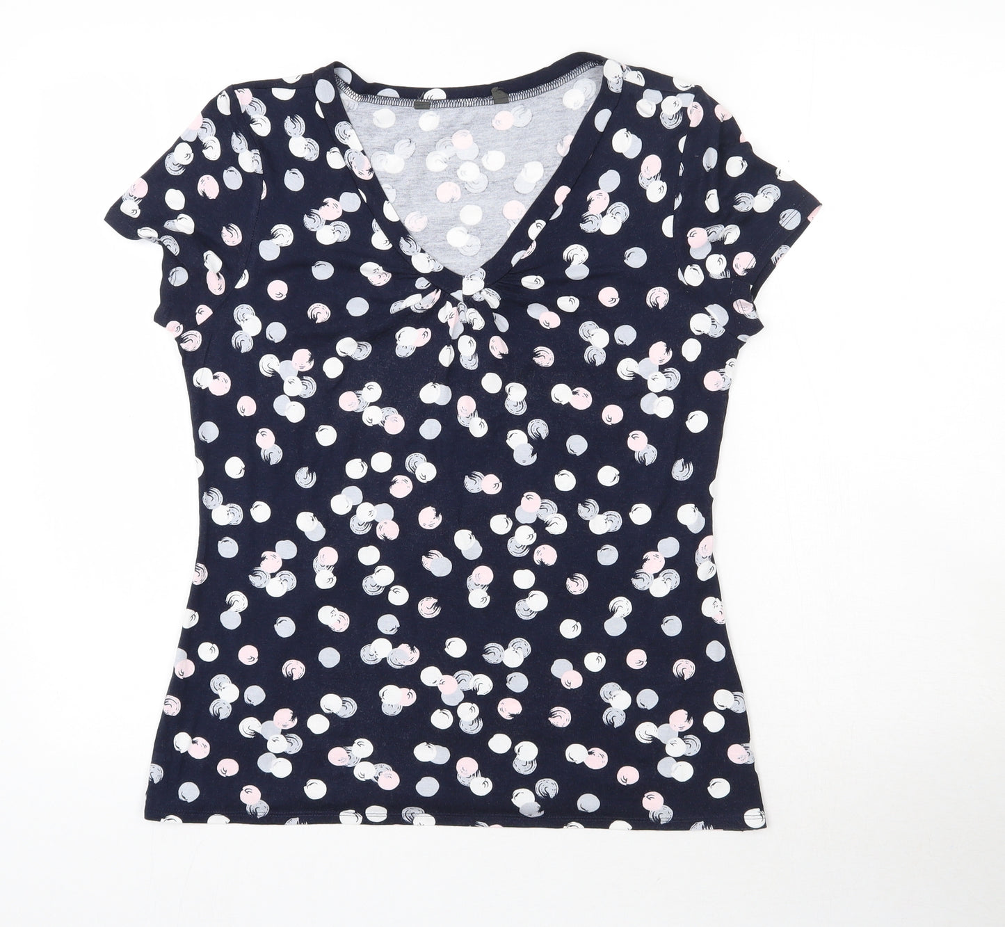 Preworn Womens Blue Polka Dot Viscose Basic T-Shirt Size 14 V-Neck