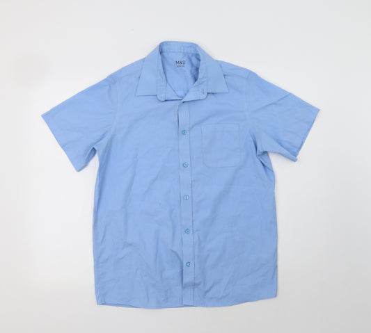 Front view of Marks & Spencer boys’ blue polyester basic button-up, size 15-16, years collared