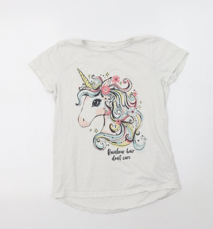 Nutmeg Girls White Cotton Basic T-Shirt Size 12 Years Crew Neck - Unicorn