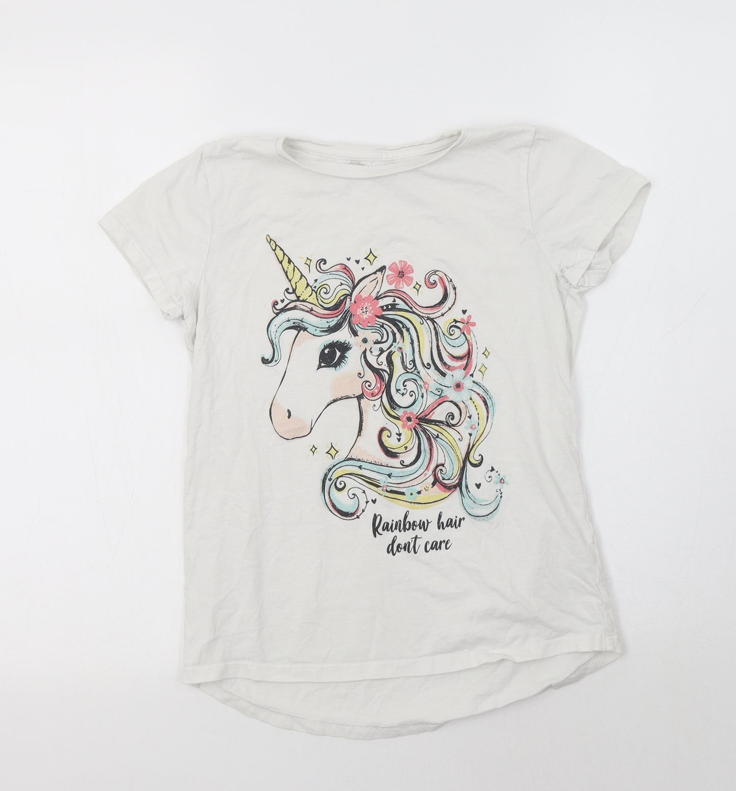 Nutmeg Girls White  Cotton Basic T-Shirt Size 12 Years Crew Neck  - Unicorn