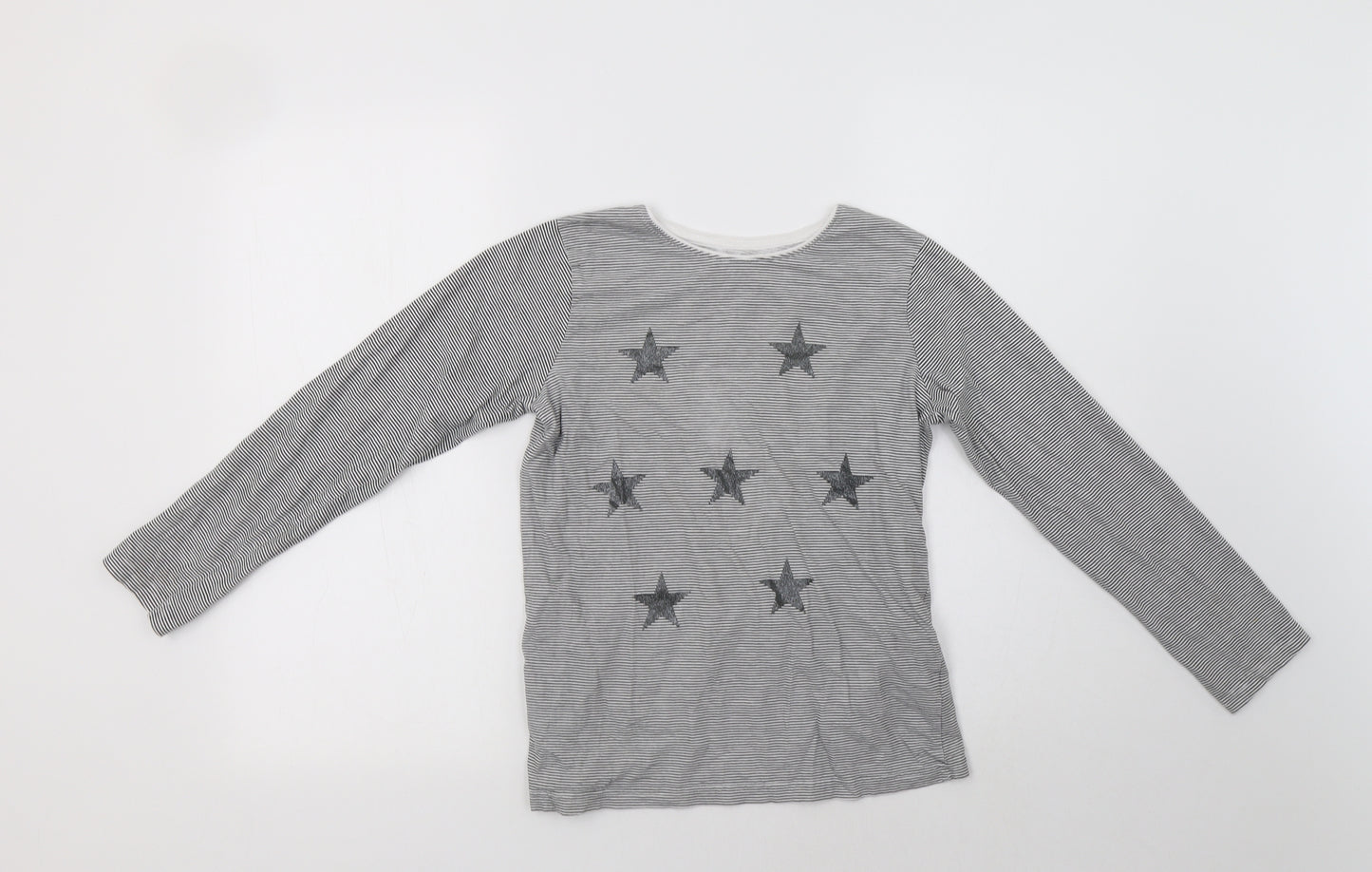 Primark Girls Grey Striped Cotton Basic T-Shirt Size 11-12 Years Crew Neck  - Star