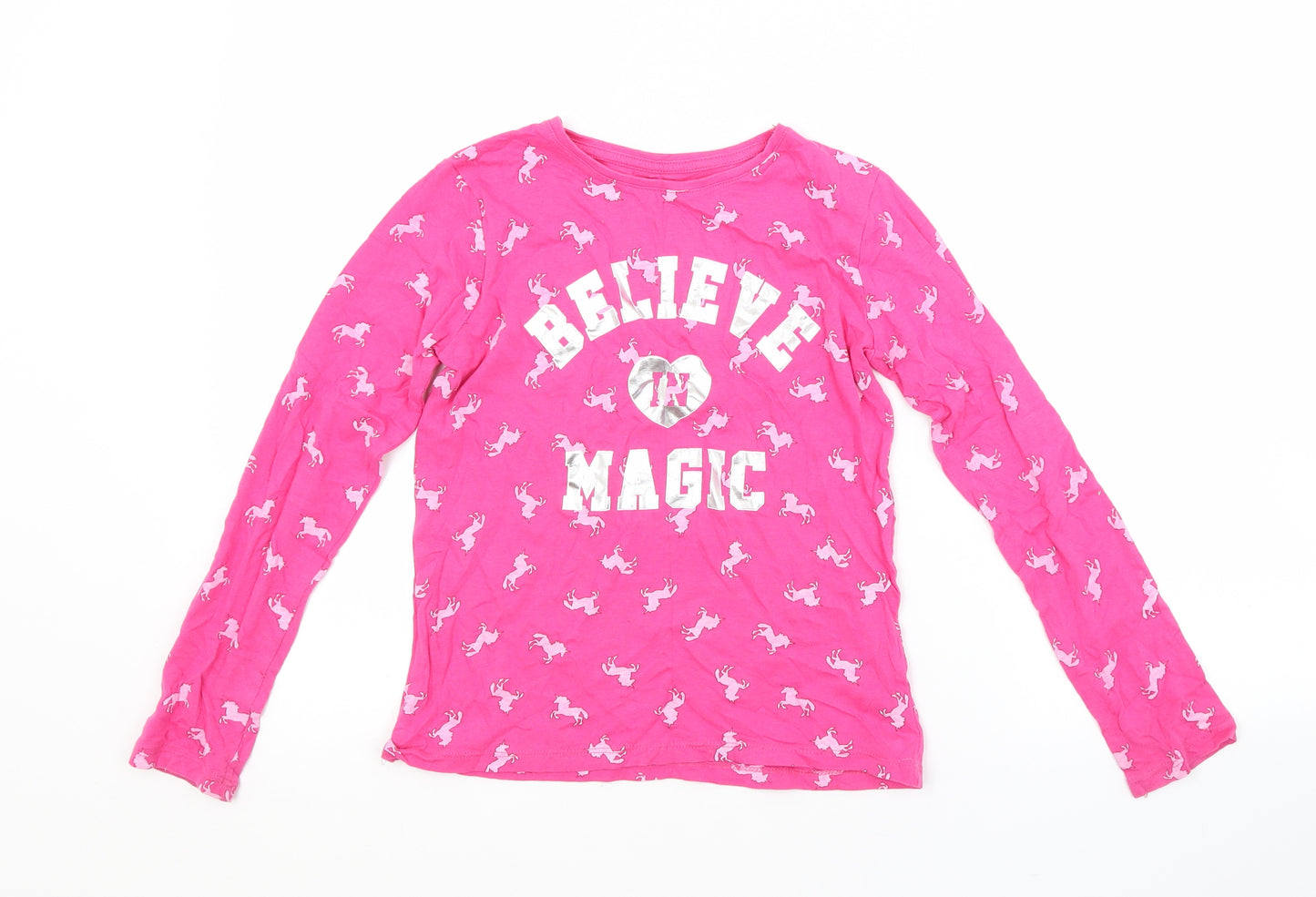 Primark Girls Pink Spotted Cotton Basic T-Shirt Size 9-10 Years Crew Neck  - UNICORNS