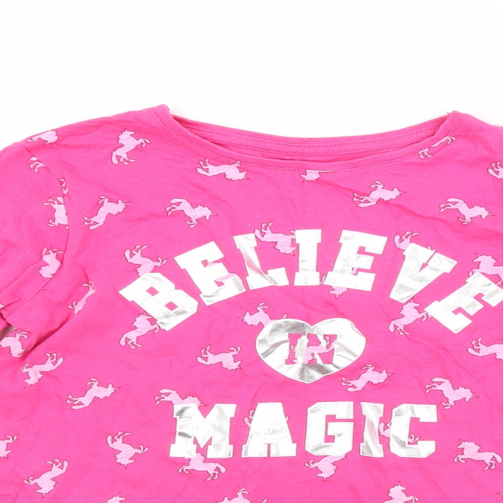 Primark Girls Pink Spotted Cotton Basic T-Shirt Size 9-10 Years Crew Neck  - UNICORNS