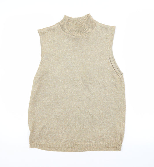 Front view of Next women’s gold round neck viscose vest jumper, size UK 14
