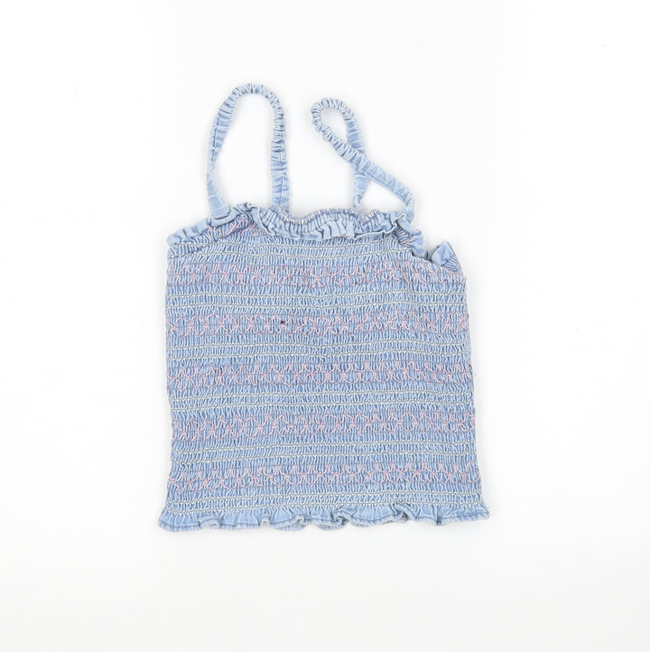 M&S Girls Blue Striped Cotton Basic Tank Size 10-11 Years Square Neck