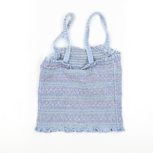M&S Girls Blue Striped Cotton Basic Tank Size 10-11 Years Square Neck