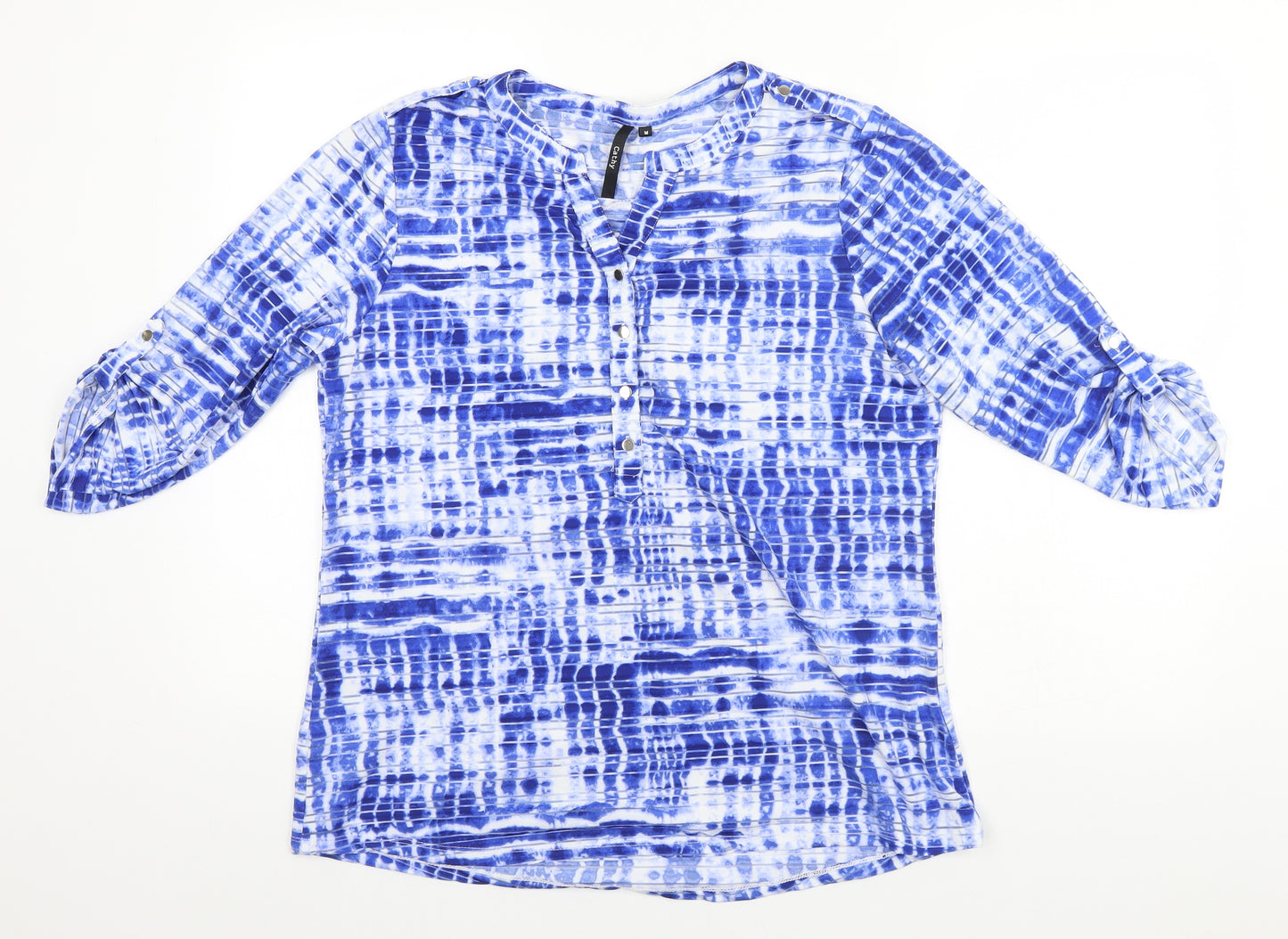 Preworn Womens Blue Geometric Polyester Basic T-Shirt Size M Crew Neck