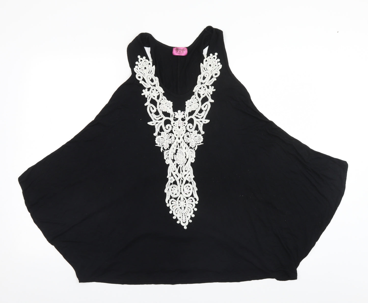 Ribbon Womens Black  Viscose Basic Blouse Size 8 Round Neck