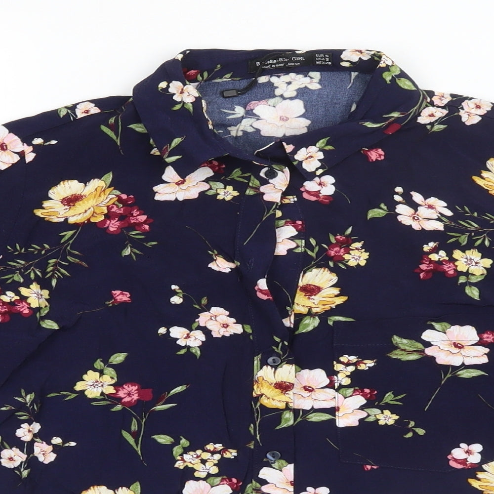 Bershka Womens Blue Floral Viscose Basic Button-Up Size S Collared