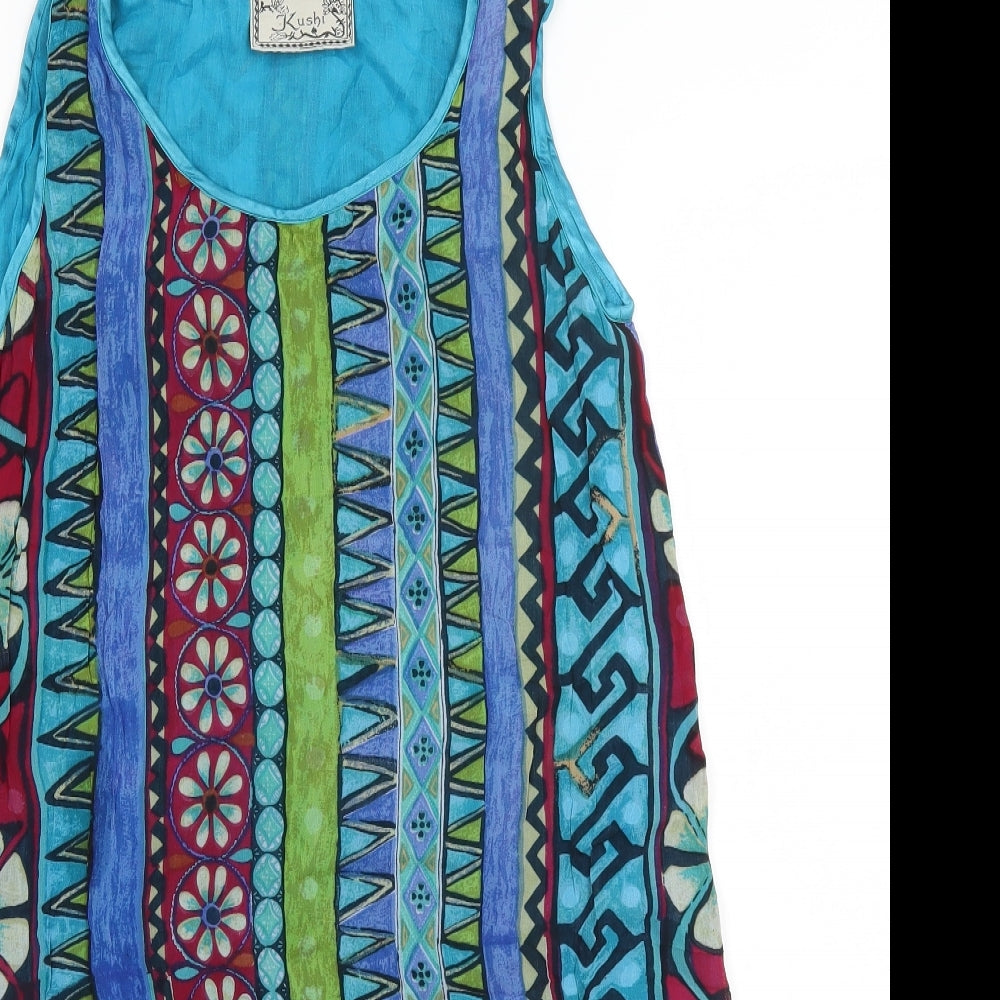 Kushi Womens Blue Floral Viscose A-Line    Round Neck