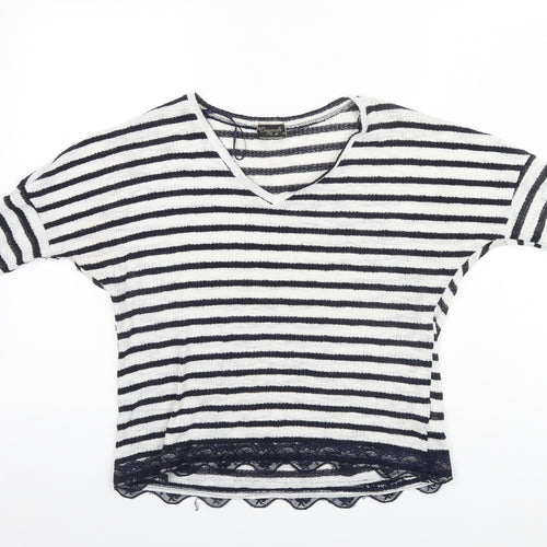 Preworn Womens White Round Neck Striped Cotton Pullover Jumper Size 12