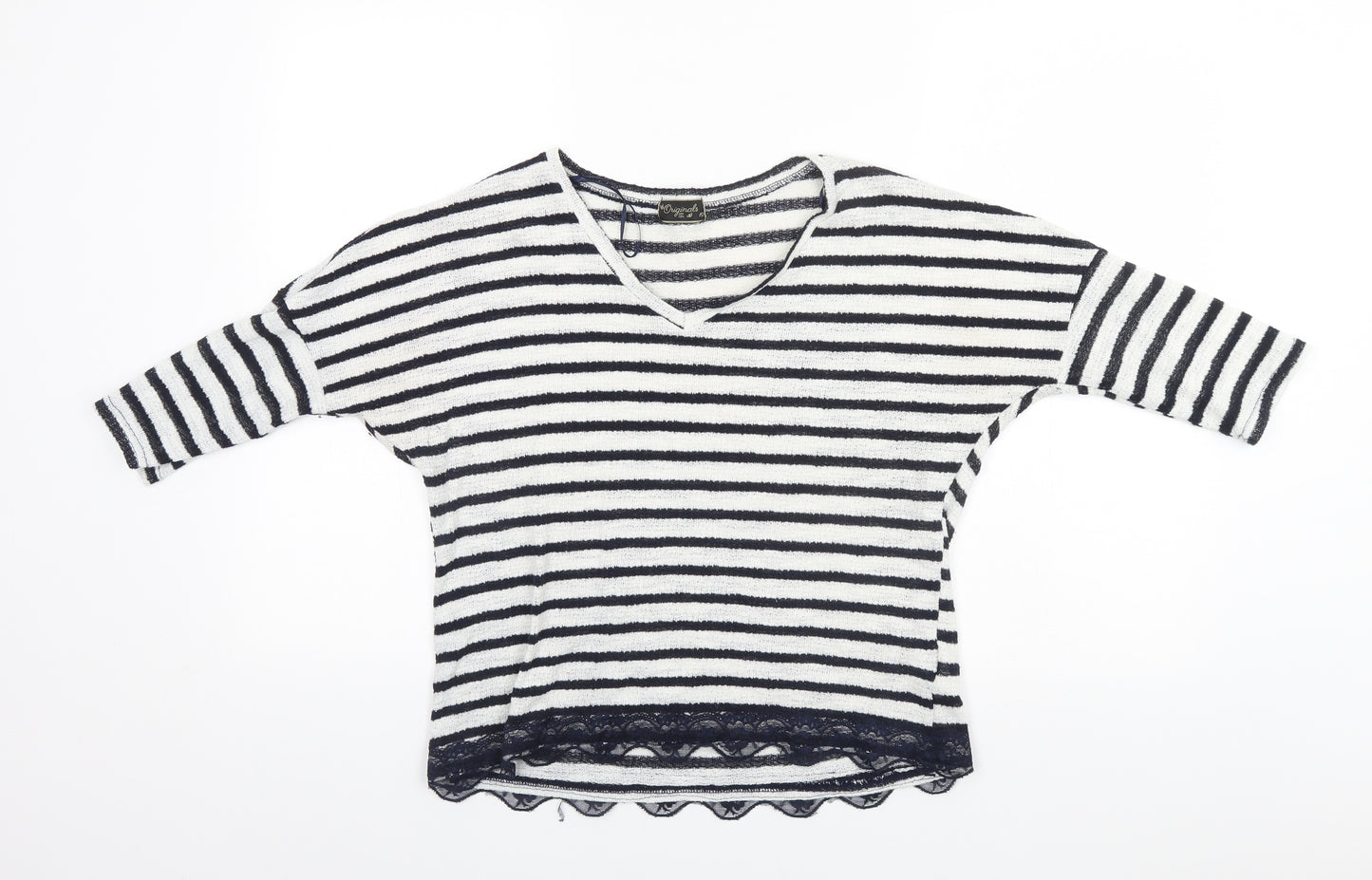 Preworn Womens White Round Neck Striped Cotton Pullover Jumper Size 12