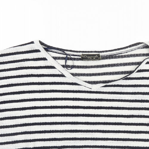Preworn Womens White Round Neck Striped Cotton Pullover Jumper Size 12