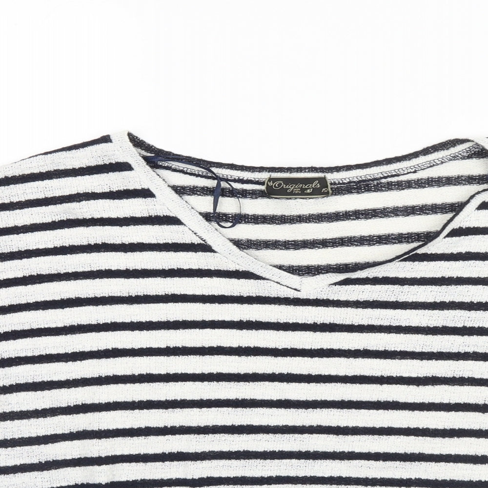 Preworn Womens White Round Neck Striped Cotton Pullover Jumper Size 12