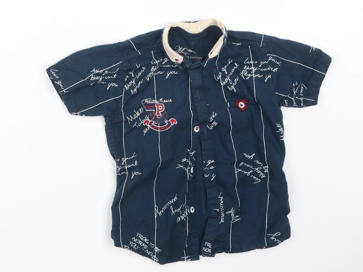 MAGNOX Boys Blue Striped Cotton Basic Button-Up Size 4 Years Collared  - TEXT/SCRIPT